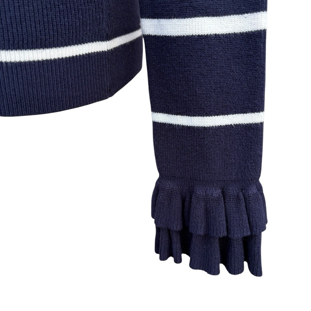 White House Black Market Navy White Stripe Ruffle Cuff Sweater Medium - Picture 6 of 9